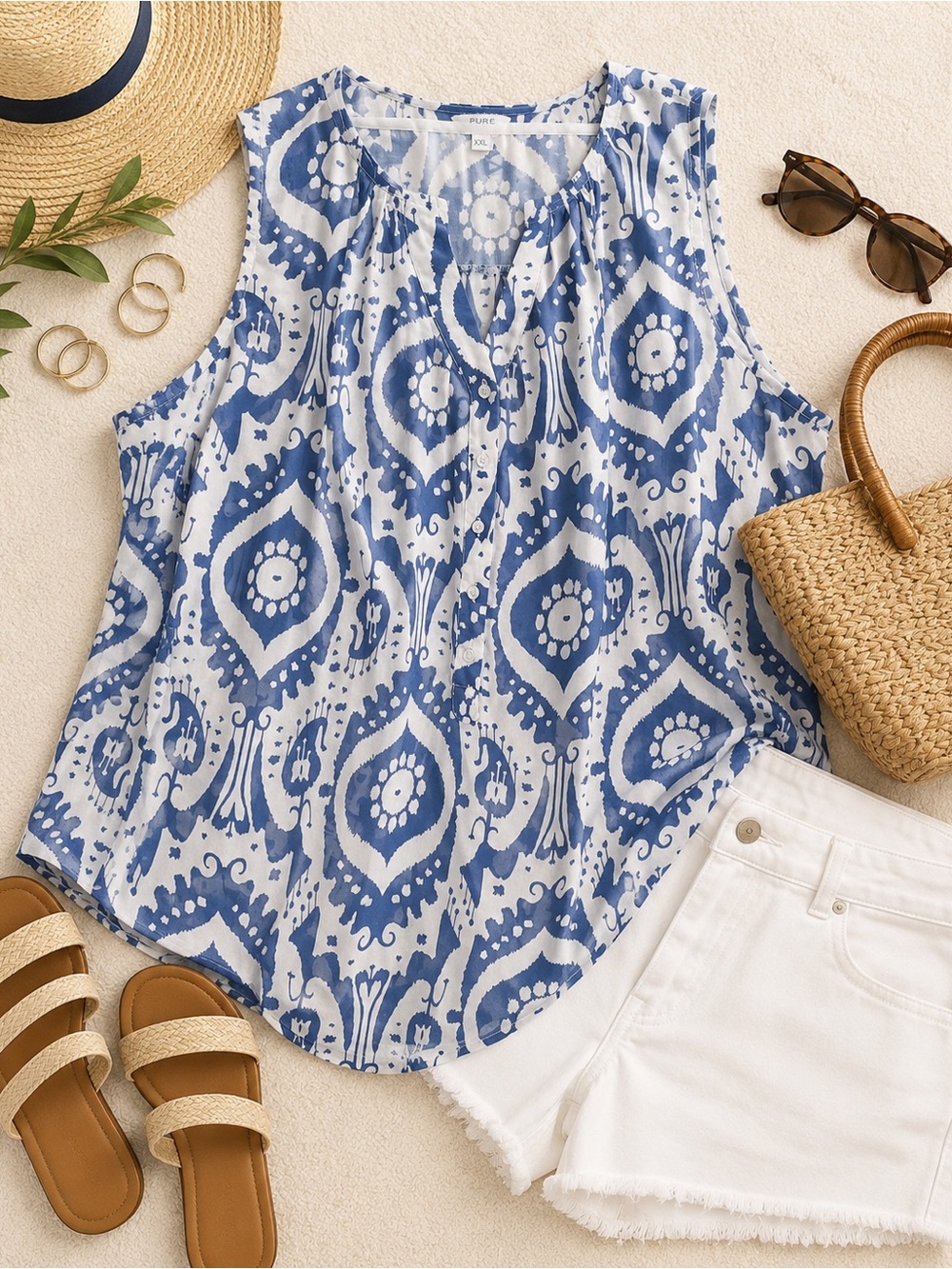 Alfred Sung PURE XXL Blue & White Sleeveless Blouse|Coastal Chic Summer Tank - Picture 1 of 4